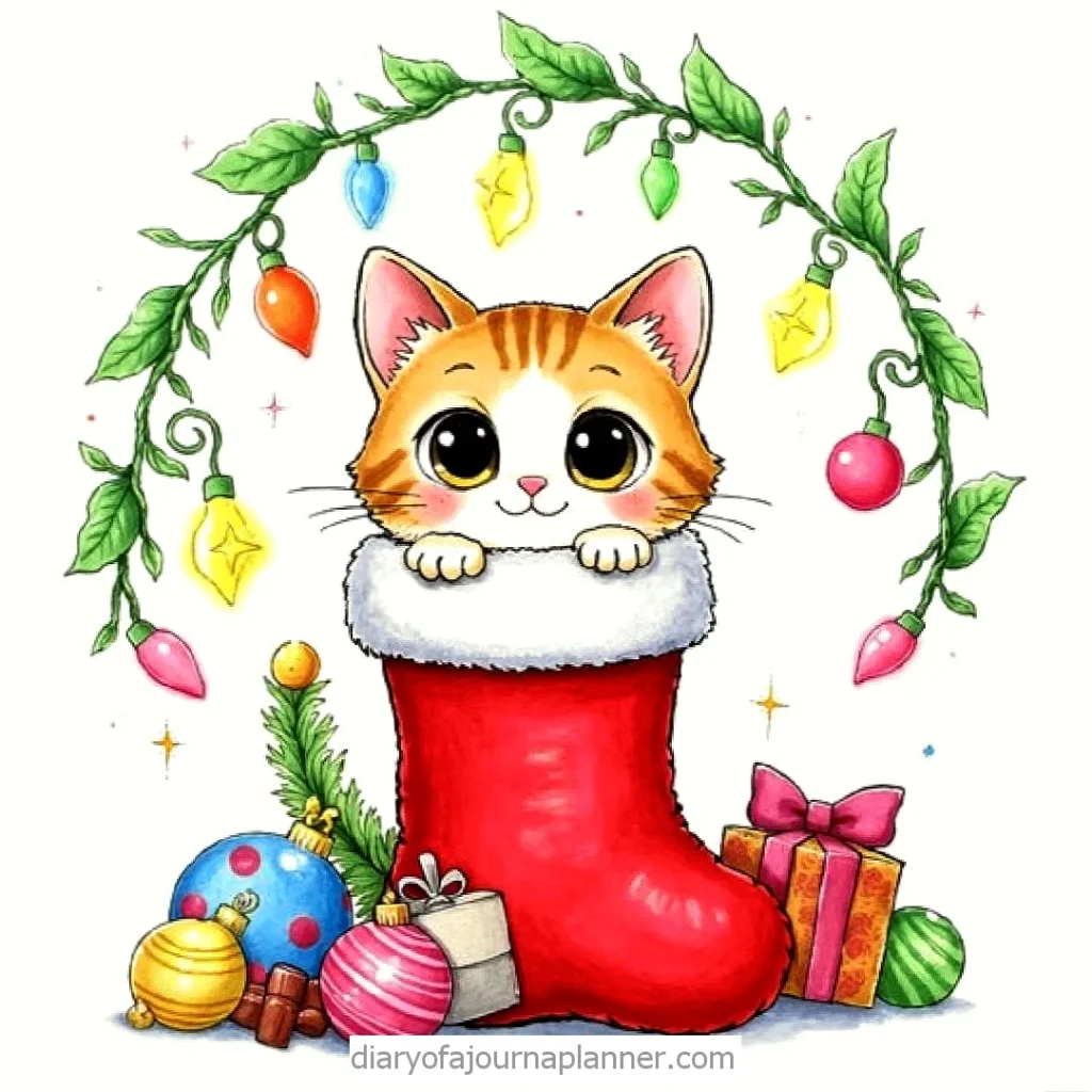 Cute kitten peeking from a Christmas stocking with gifts and lights for a festive holiday scene.
