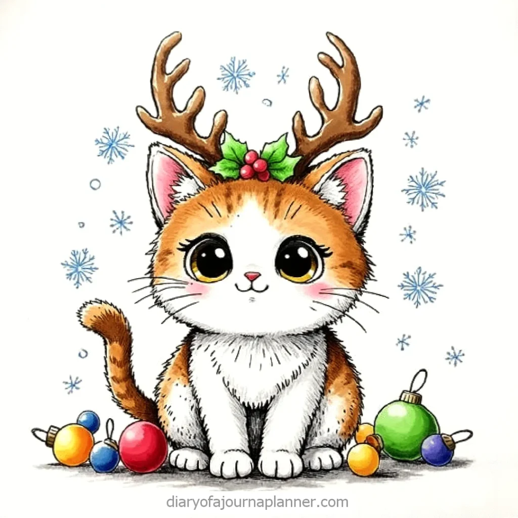 Cute kitten with reindeer antlers, holly, and snowflakes, surrounded by colorful ornaments.