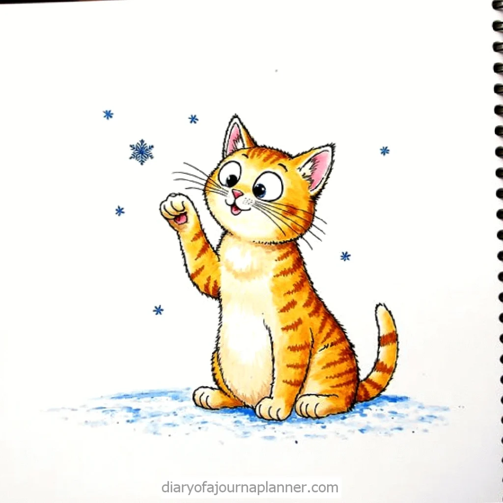 Cute cartoon orange tabby cat playing with snowflakes on a snowy surface.