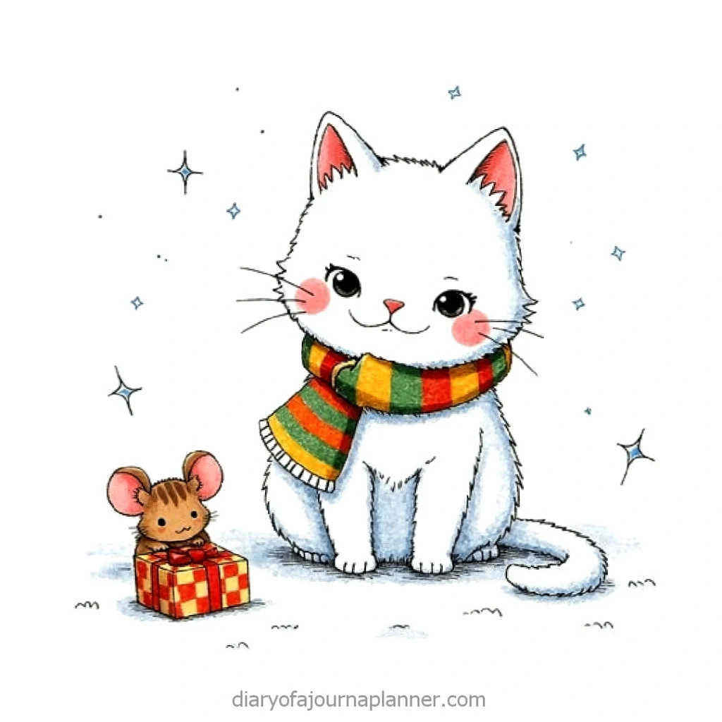 Cute white cat in striped scarf next to a mouse with a gift, illustrated with stars.