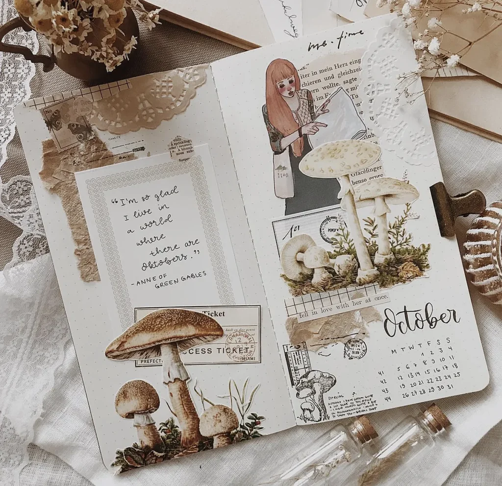Vintage journal page with mushrooms, October calendar, and quote: I'm so glad I live in a world where there are Octobers.