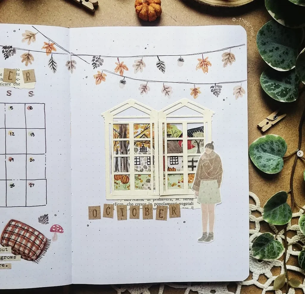 Bullet journal page featuring an October theme with autumn leaves, window illustration, and calendar. Cozy fall aesthetic.