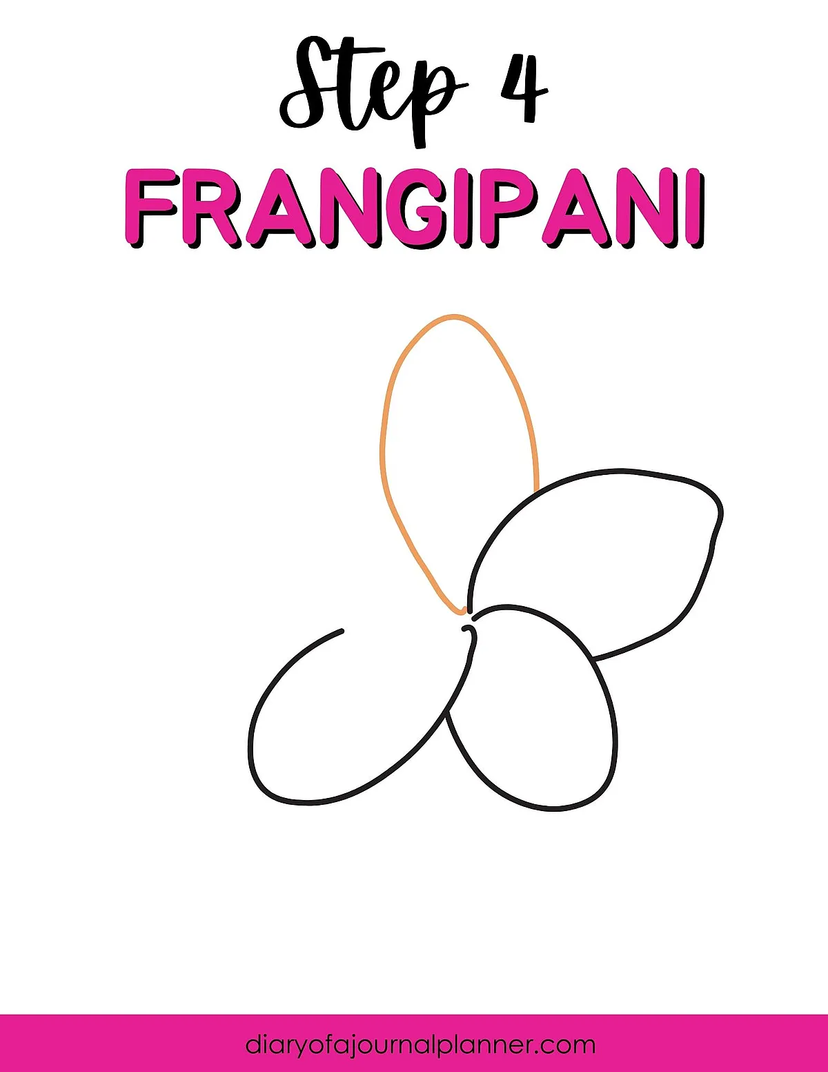 Illustration of step 4 in drawing a frangipani flower with outlined petals; guide by diaryofajournalplanner.com.