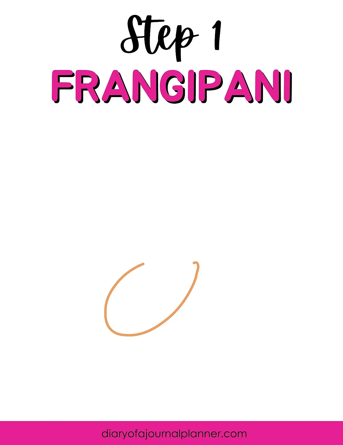 Step 1 of drawing a frangipani flower, beginning with a simple curved line on a white background.