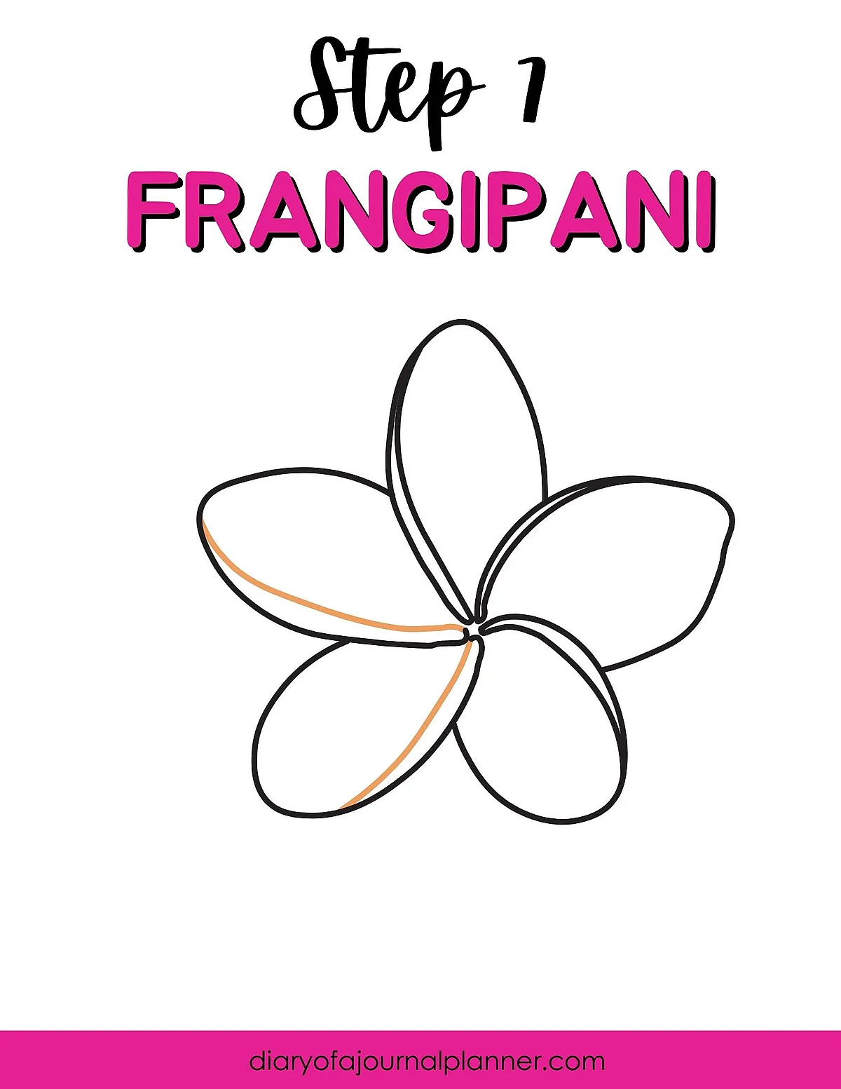 Drawing tutorial for step 1 of a frangipani flower outline, simple guide for journal planners.
