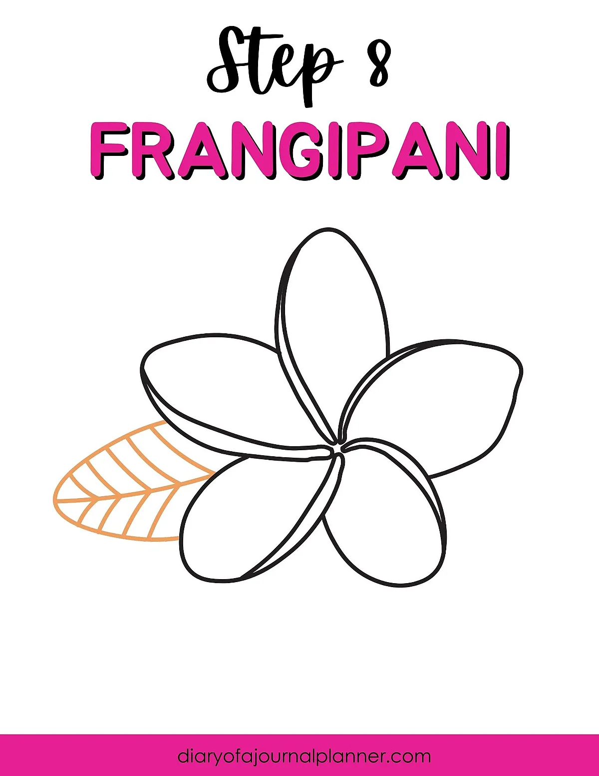 Illustration tutorial: Step 8, drawing a Frangipani flower with leaf outline.
