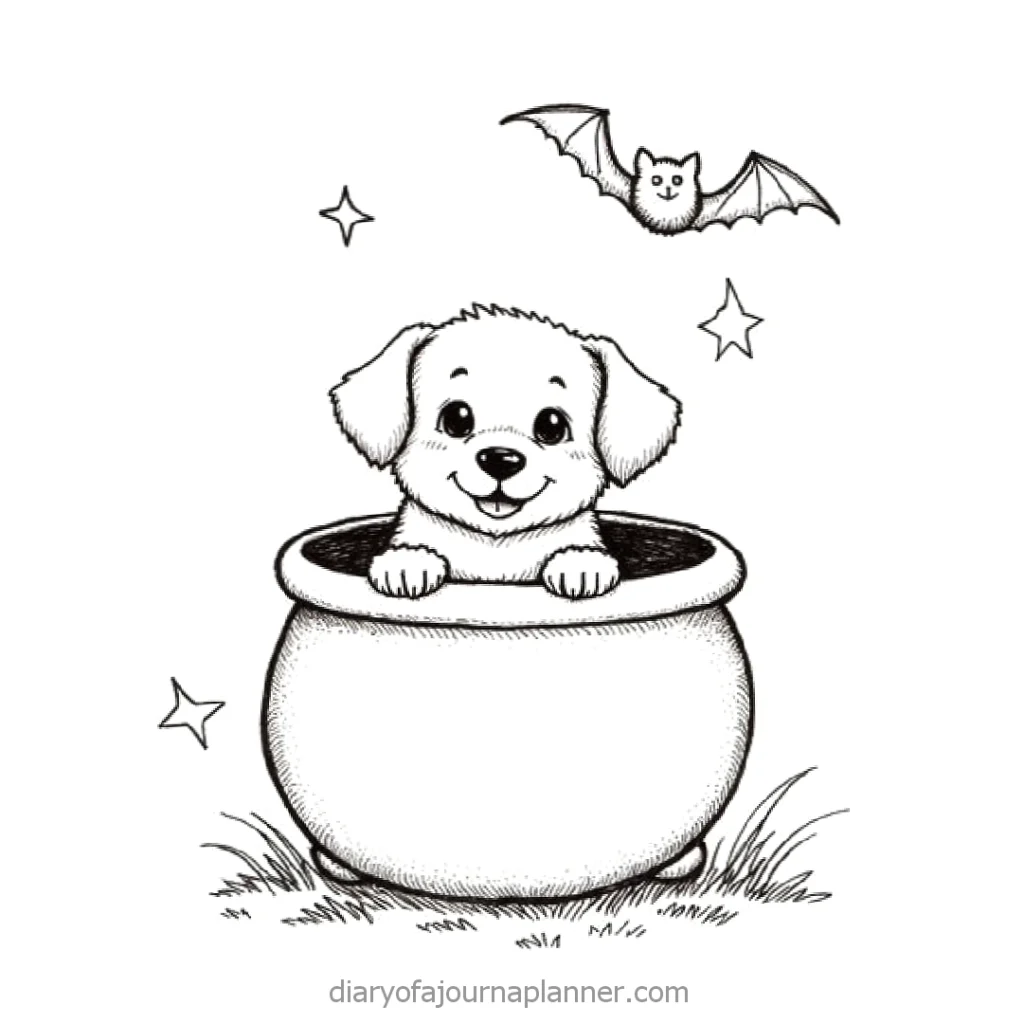 Cute puppy in a witch cauldron with stars and bat, black and white illustration for Halloween.