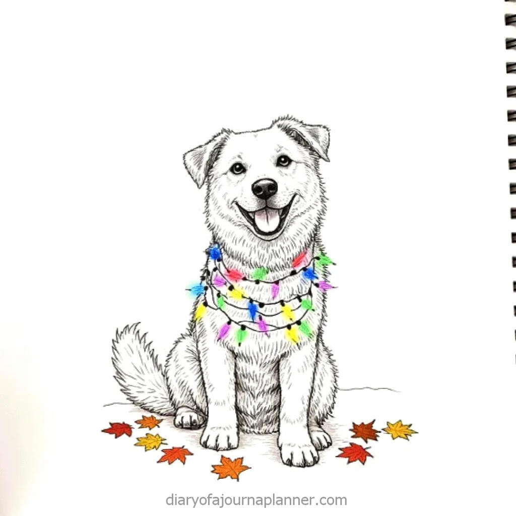 Illustration of a happy dog draped in colorful lights, surrounded by autumn leaves.