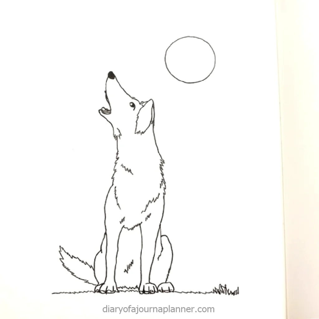 Line drawing of a wolf howling at the moon.