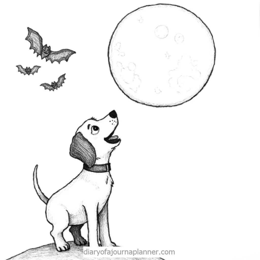 Dog howling at the moon with bats flying nearby in a black and white sketch.
