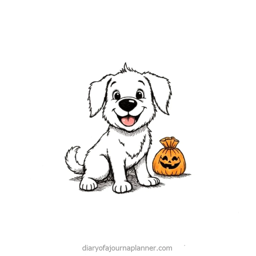 Cute cartoon puppy with a pumpkin treat bag, perfect for a playful Halloween theme image.