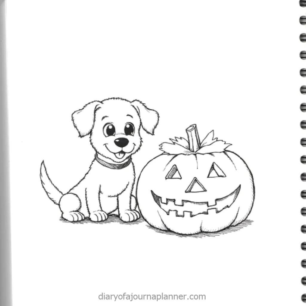 Cartoon puppy and Jack-o'-lantern coloring page, perfect for Halloween fun.