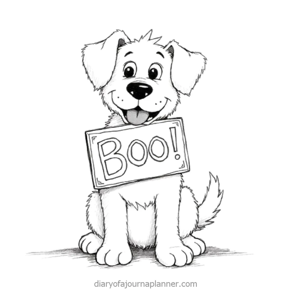 Cute cartoon puppy holding a Boo! sign, perfect for Halloween greetings or playful pet-themed designs.