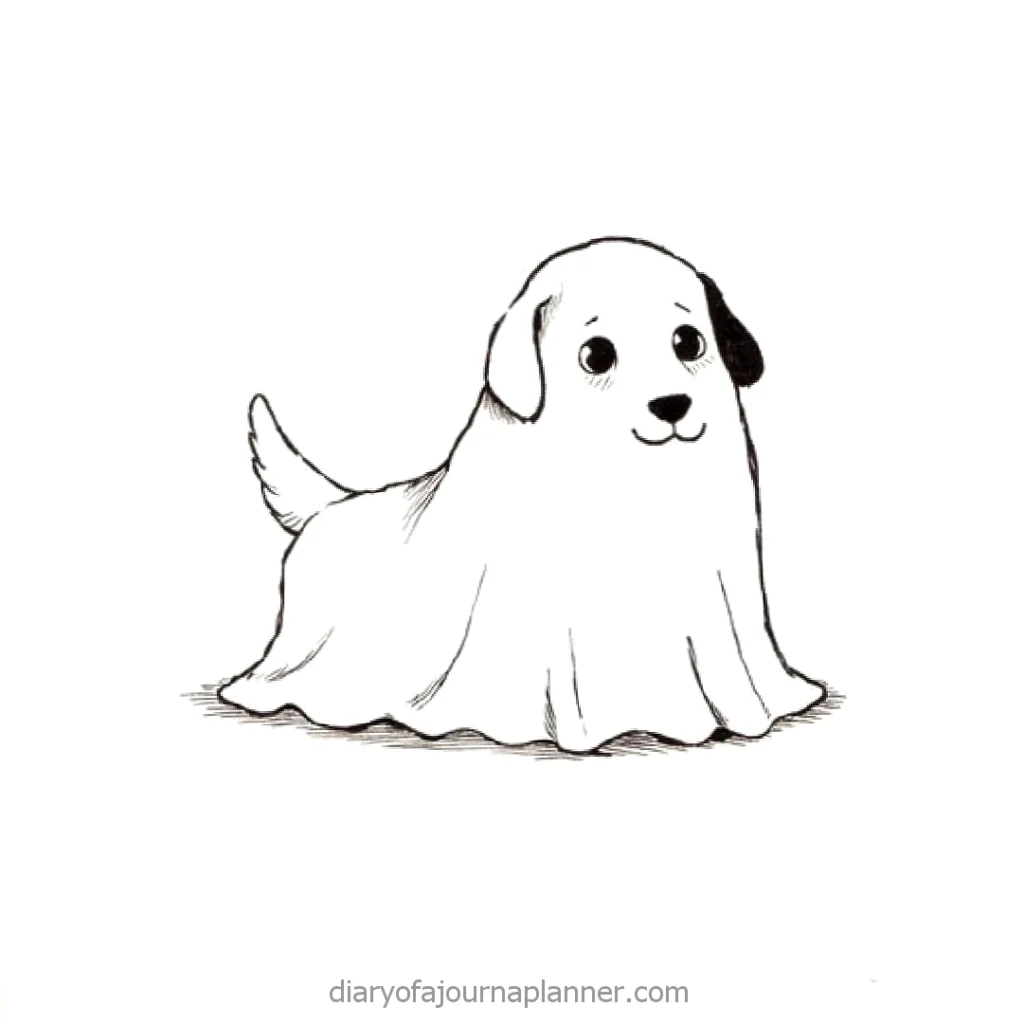 Cute dog in ghost costume, white sheet over body, black ear visible, playful and adorable illustration.