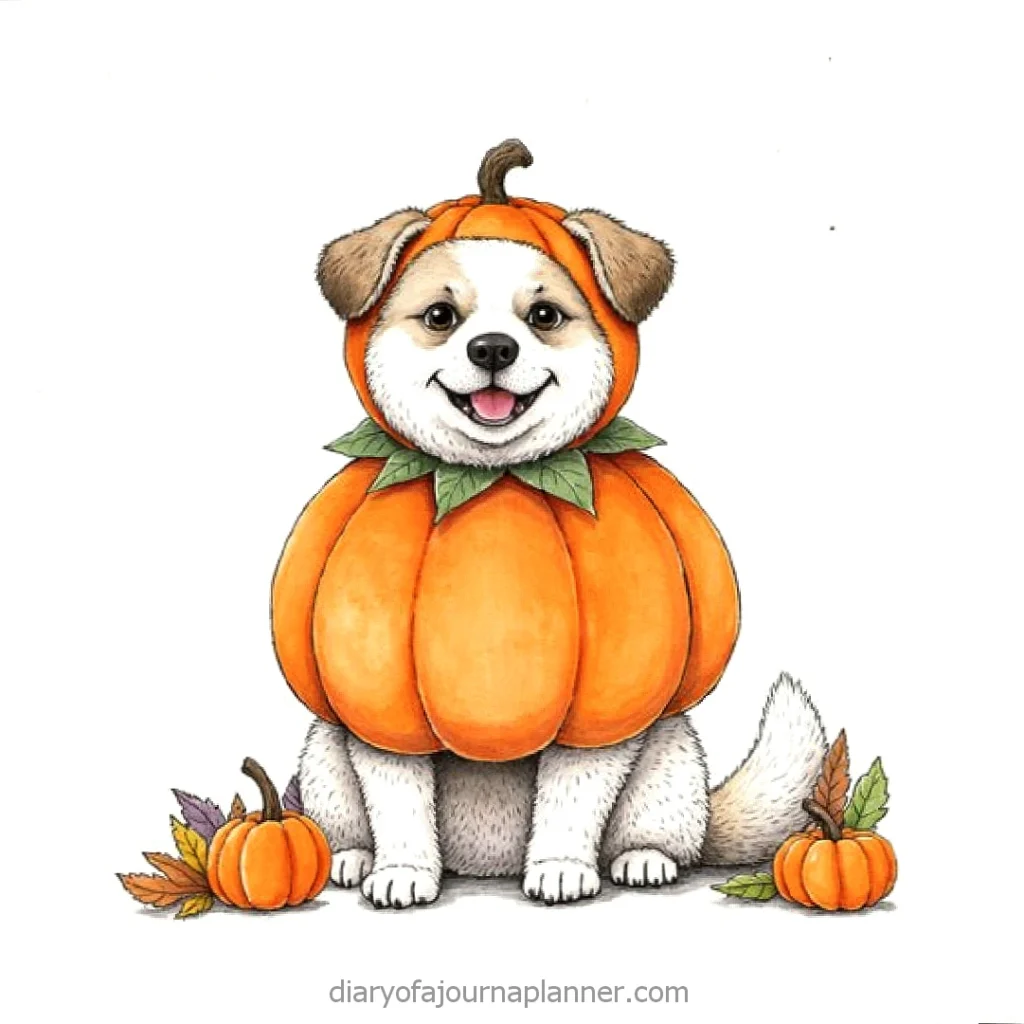 Cute dog in a pumpkin costume sitting with small pumpkins and autumn leaves. Perfect for Halloween or fall themes.