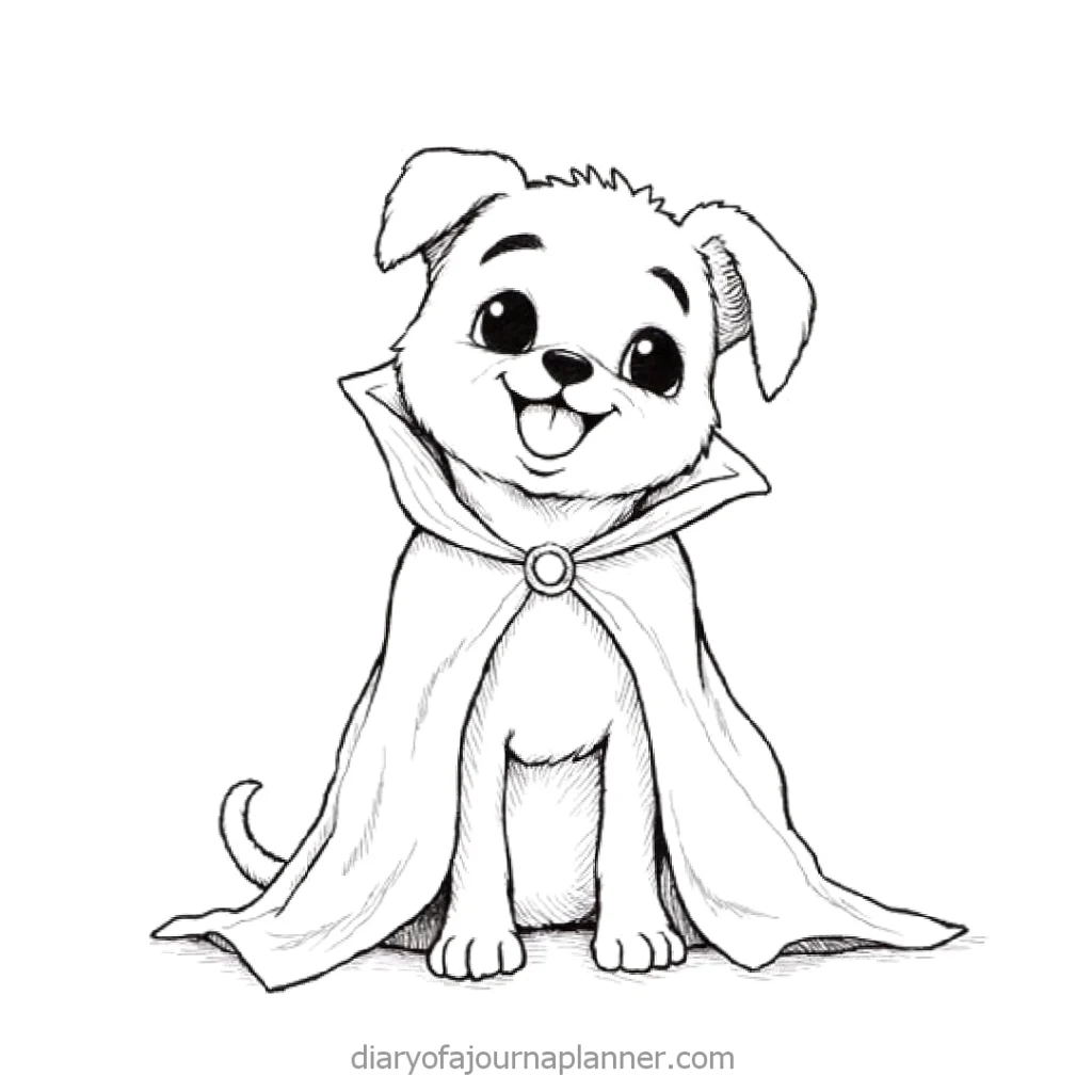 Cute cartoon puppy wearing a cape, illustrating a playful superhero dog.