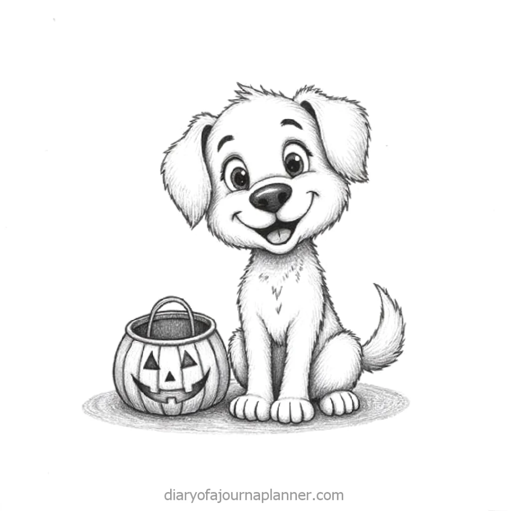 Playful cartoon puppy with a Halloween pumpkin bucket, ready for trick-or-treating.