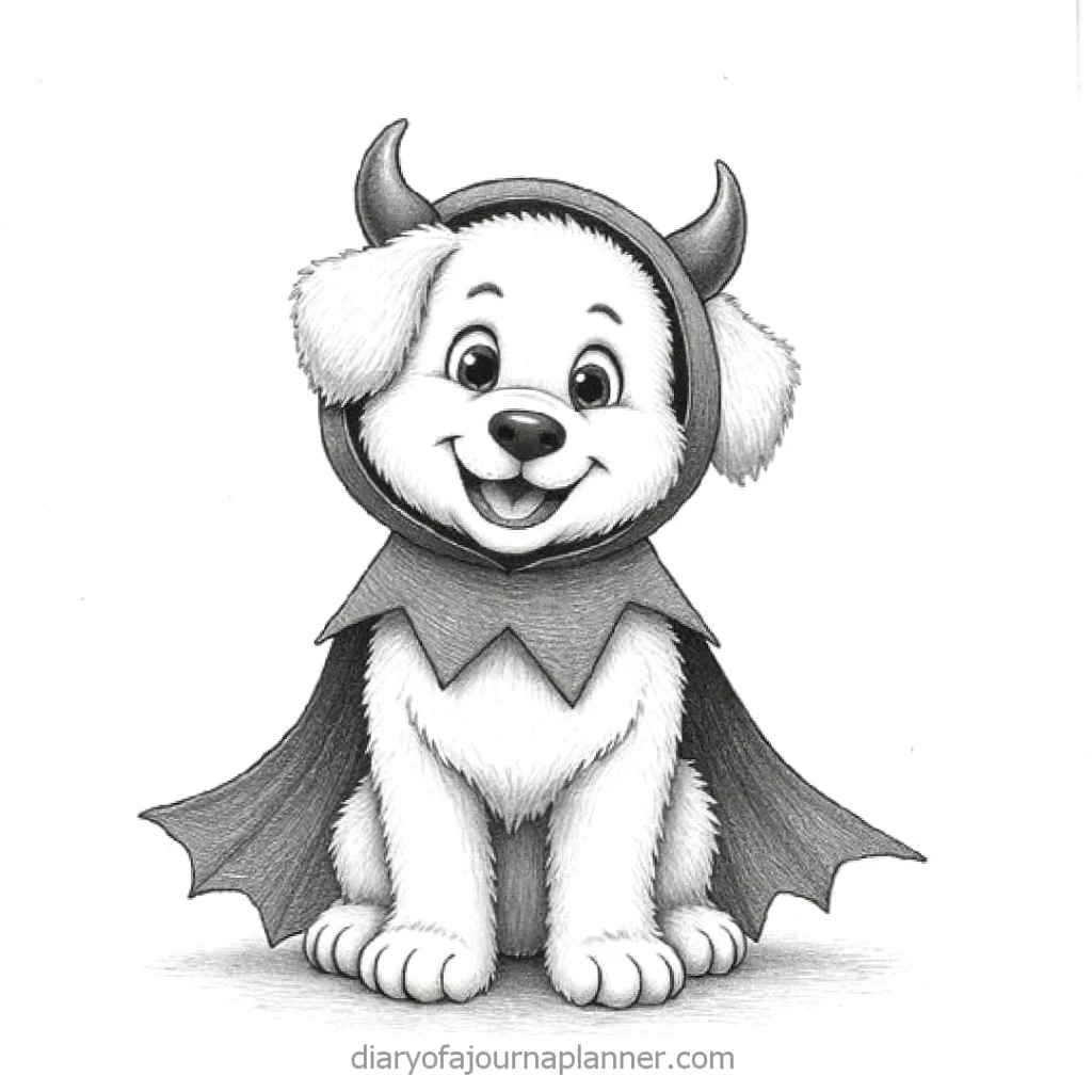Cute puppy dressed as a devil with horns and a cape, smiling. Perfect for Halloween themes and pet costumes.
