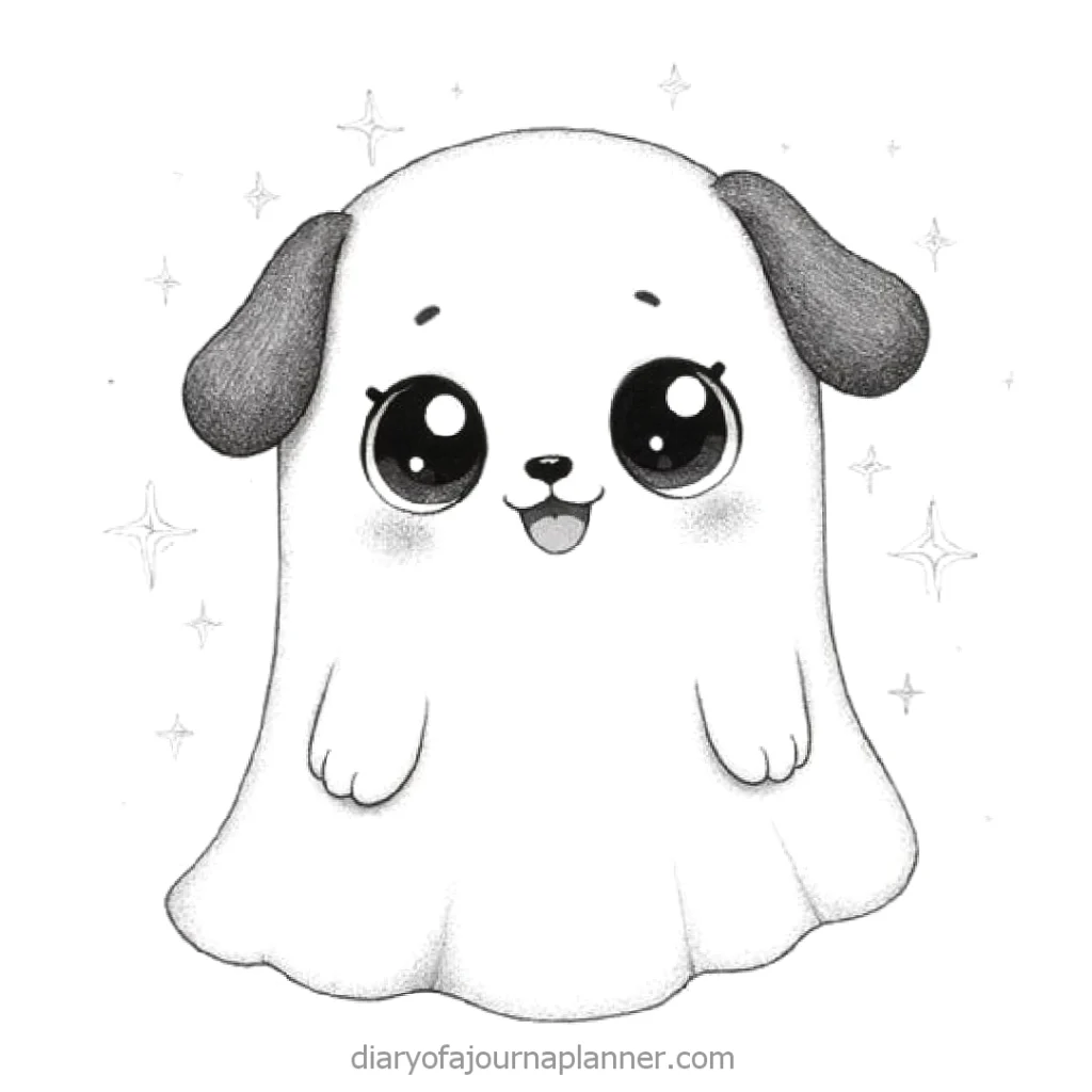Cute cartoon dog dressed as a ghost with stars around, smiling with big eyes, Halloween theme.