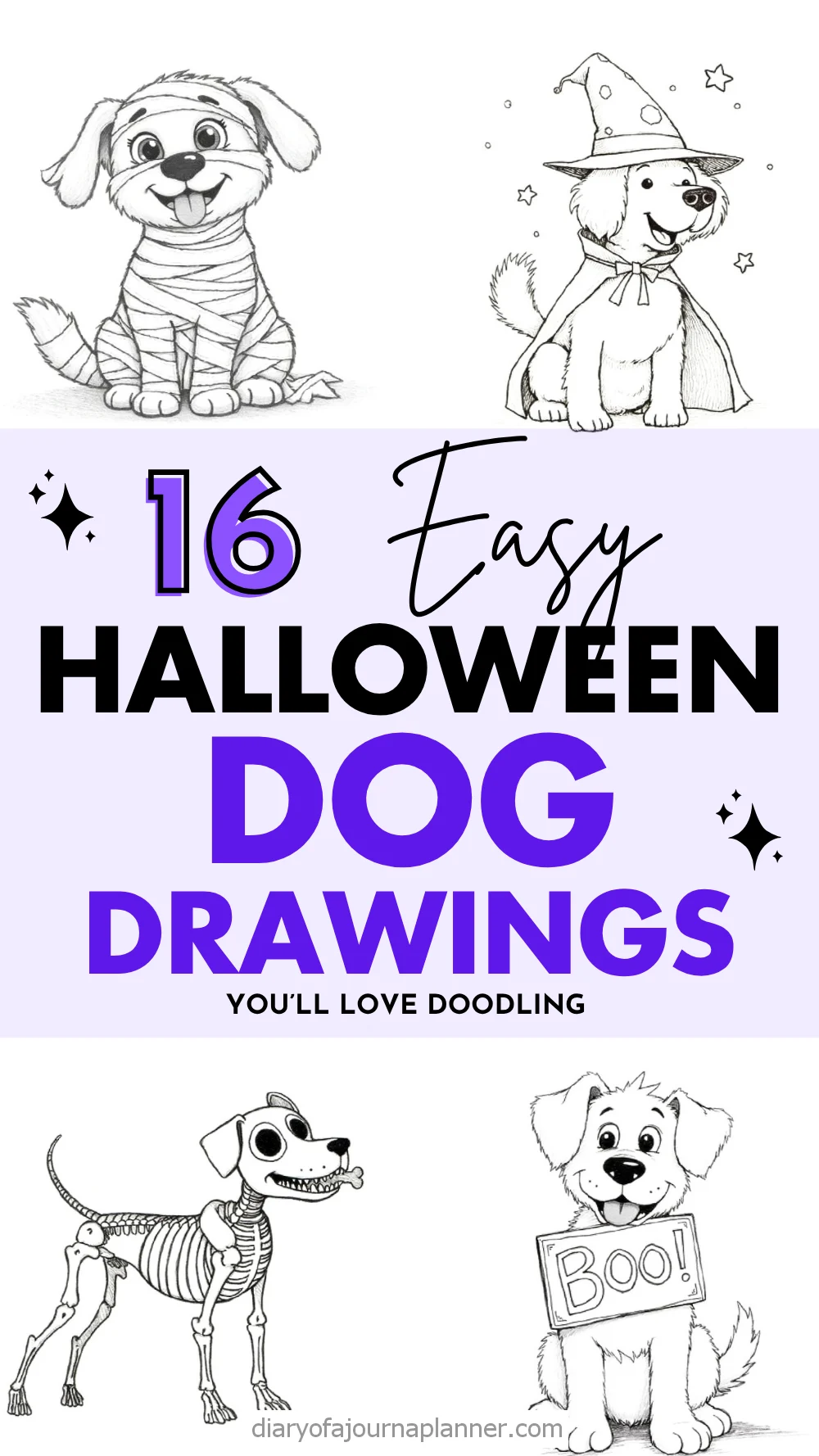 16 easy Halloween dog drawings, featuring cute and spooky doodles, perfect for creative doodling.