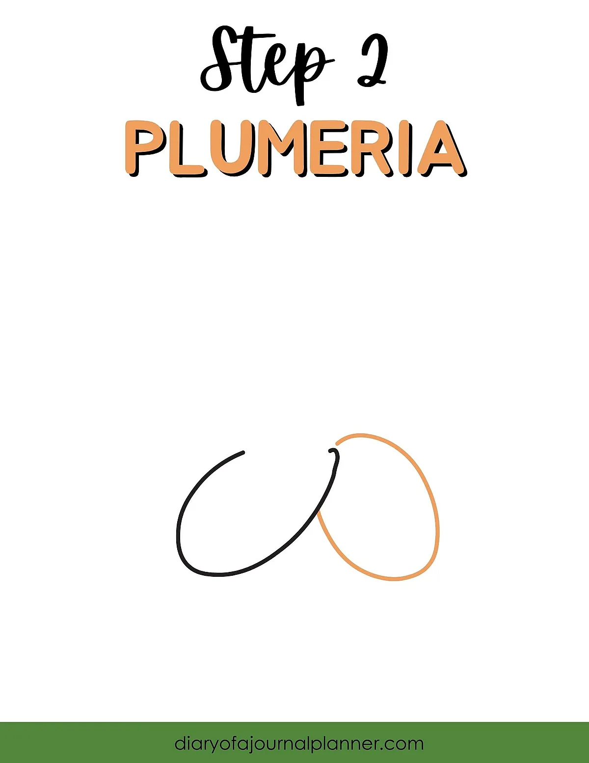 Step 2: Simple outline drawing of a plumeria start, with black and orange lines on a white background.