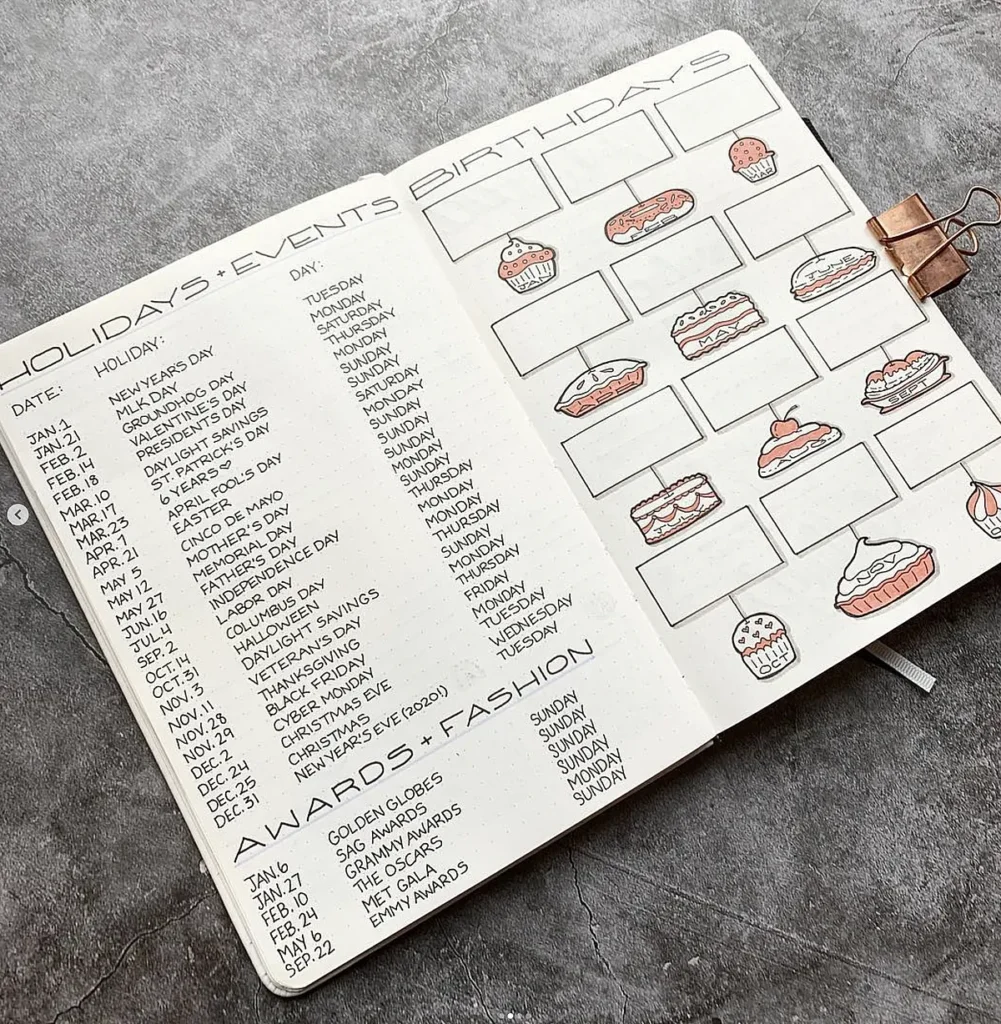 Bullet journal with a calendar of holidays, events, and birthdays, featuring hand-drawn cakes and a table of special days.