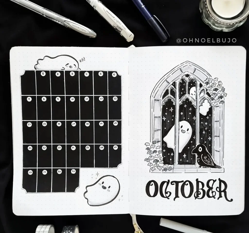 October bullet journal spread with ghost illustrations and black calendar, perfect for a Halloween-themed planner.