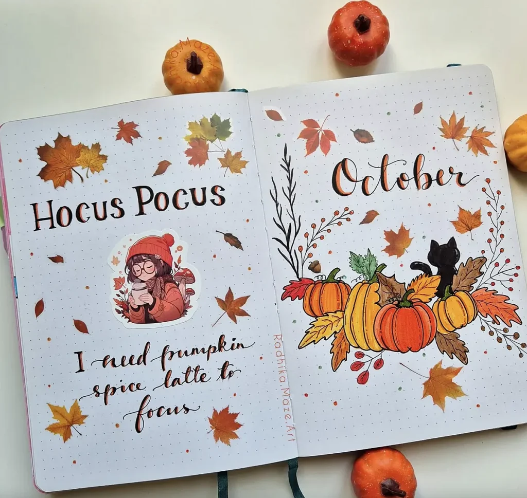Autumn-themed journal spread with Hocus Pocus, October, pumpkins, leaves, and a cozy illustration with a girl.