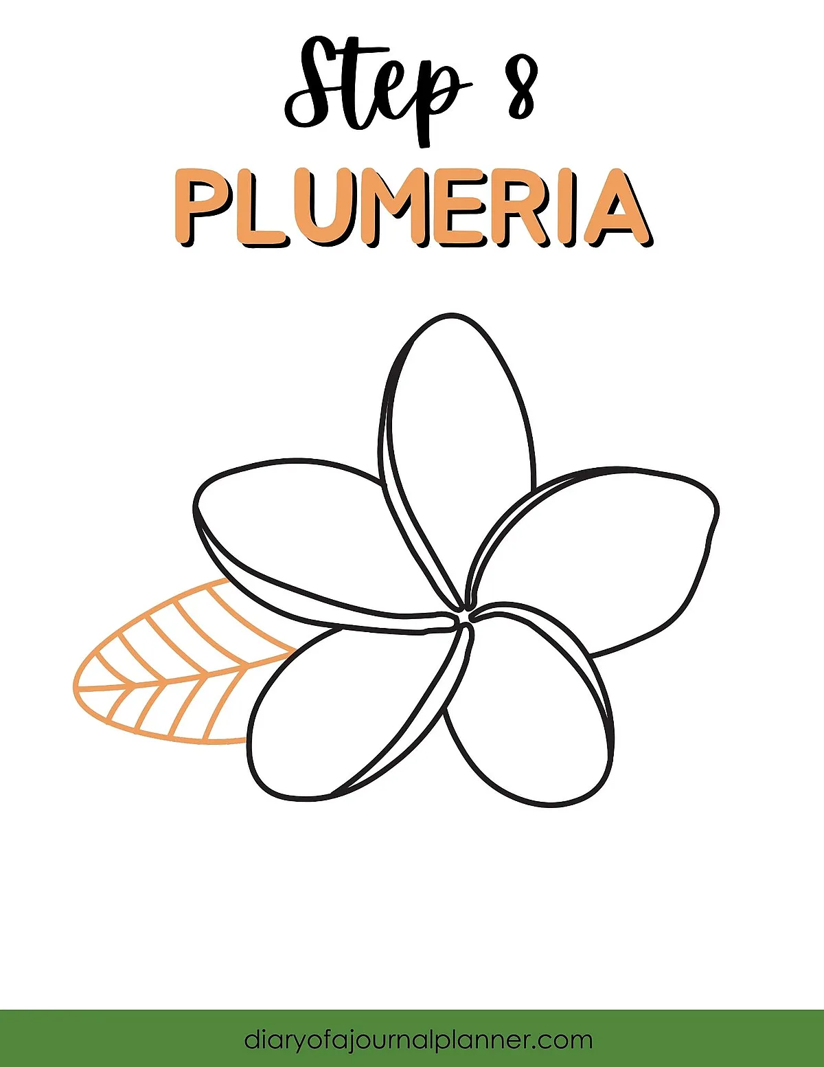 Illustration tutorial: Step 8 of how to draw a Plumeria flower with leaf details.