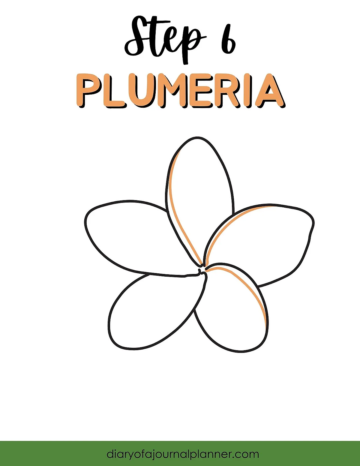 Step 6 illustration of plumeria flower drawing guide with simple outlines and accents.