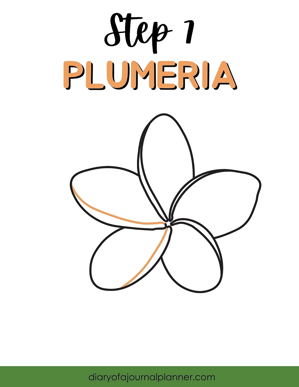 Line drawing of a Plumeria flower, Step 1 guide, with five petals outlined in black and orange accents.