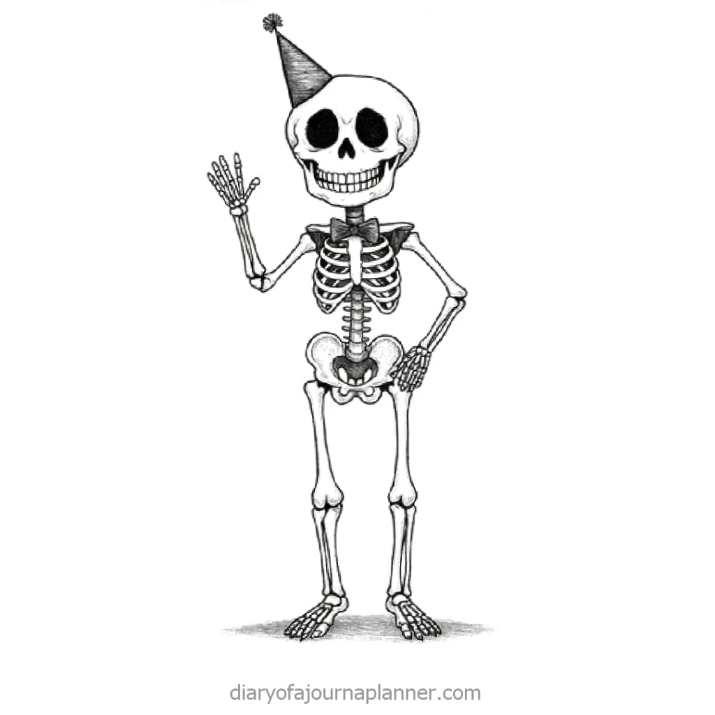 Smiling skeleton in party hat waving, ideal for Halloween designs and celebrations.