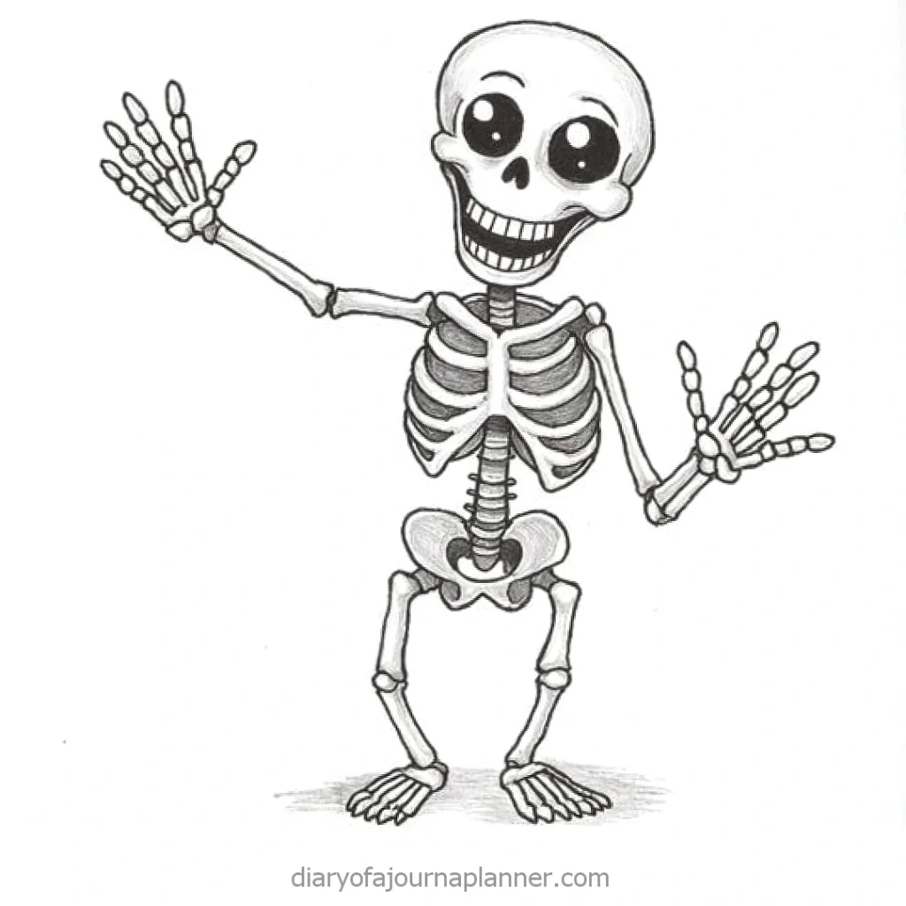 Cute cartoon skeleton with big eyes waving, perfect for Halloween and fun themes.