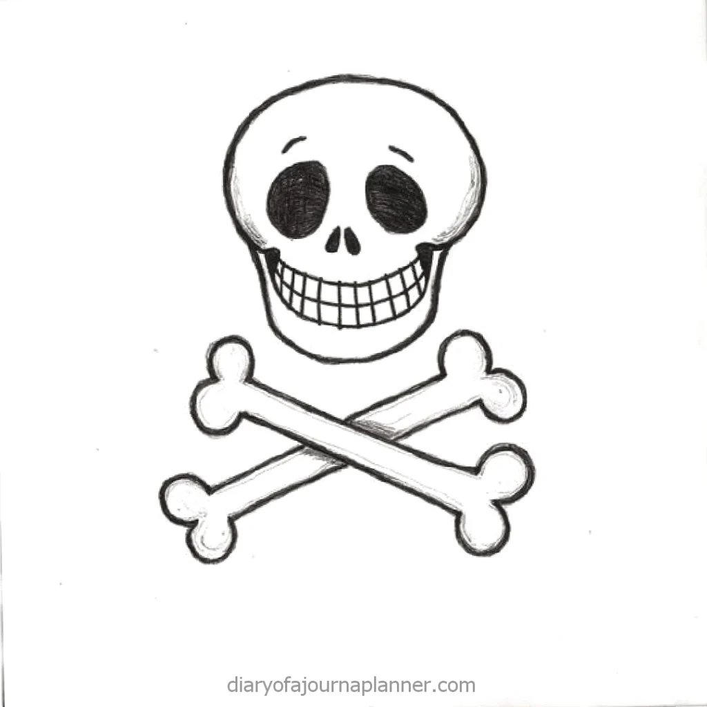 Sketched skull and crossbones design, symbolizing danger or piracy. Black and white drawing on a white background.