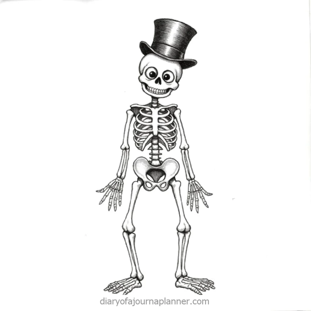 Cartoon skeleton wearing a top hat, smiling and standing on a white background.