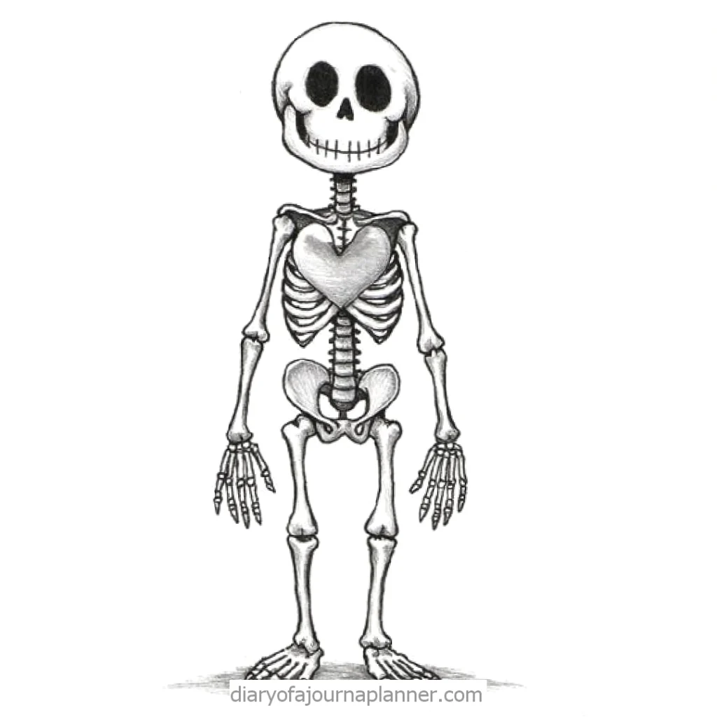 Cartoon skeleton with heart-shaped bones, smiling and standing upright. Fun Halloween or anatomy illustration.