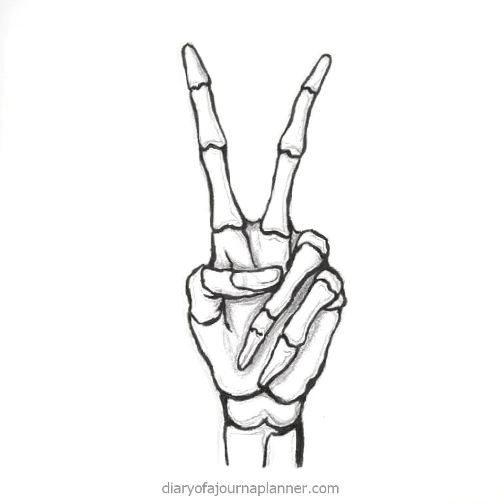 Illustration of a skeletal hand making a peace sign.