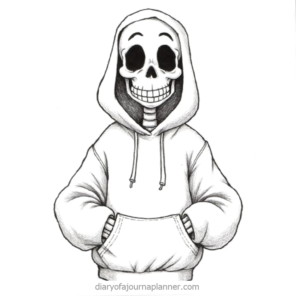 Skeleton wearing a hoodie with hands in pockets, smiling brightly. Black and white illustration.