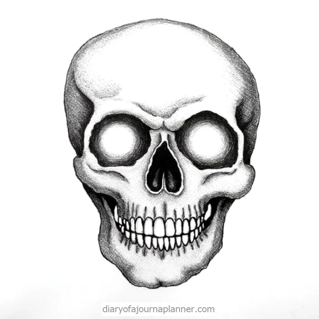 Realistic skull illustration with glowing eyes on a white background.