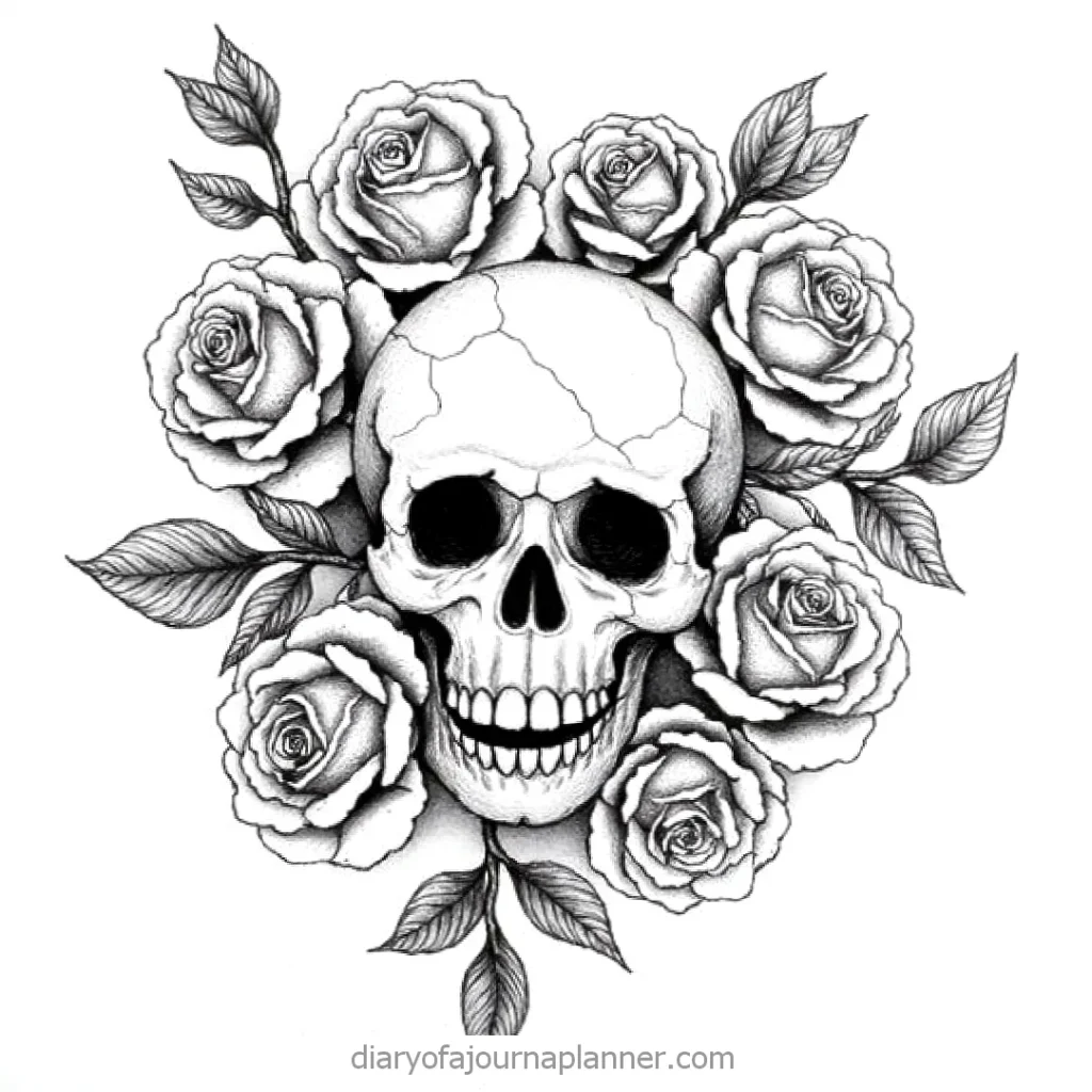 Skull surrounded by roses in a detailed black and white illustration, symbolizing life and death balance.