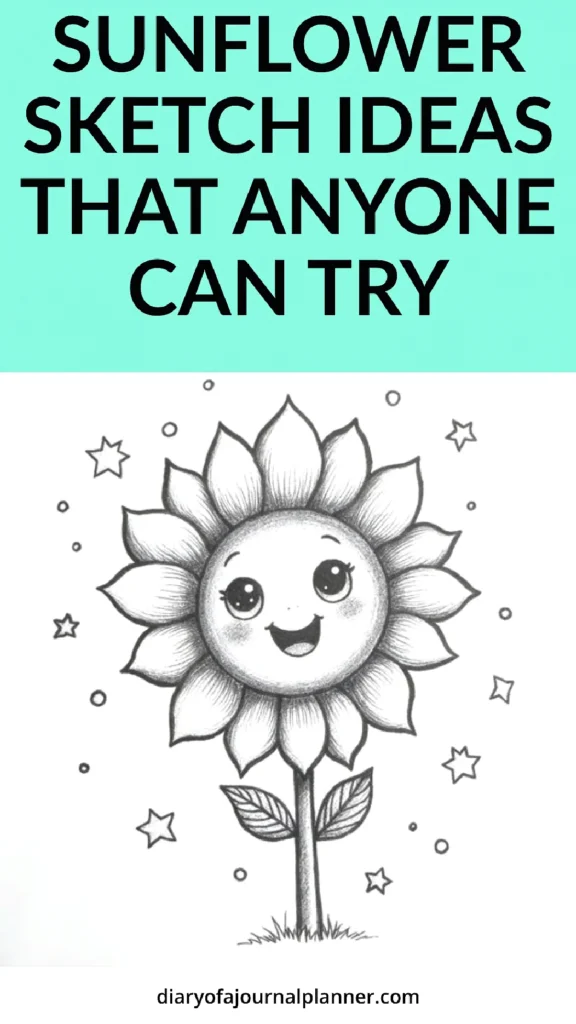 Cute sunflower sketch with a smiling face surrounded by stars, perfect for beginners.