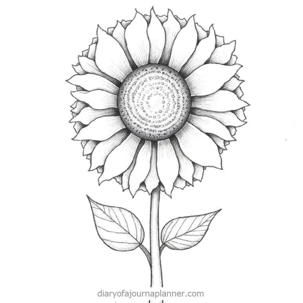 Hand-drawn sunflower sketch with detailed petals and leaves, perfect for coloring or botanical illustration.