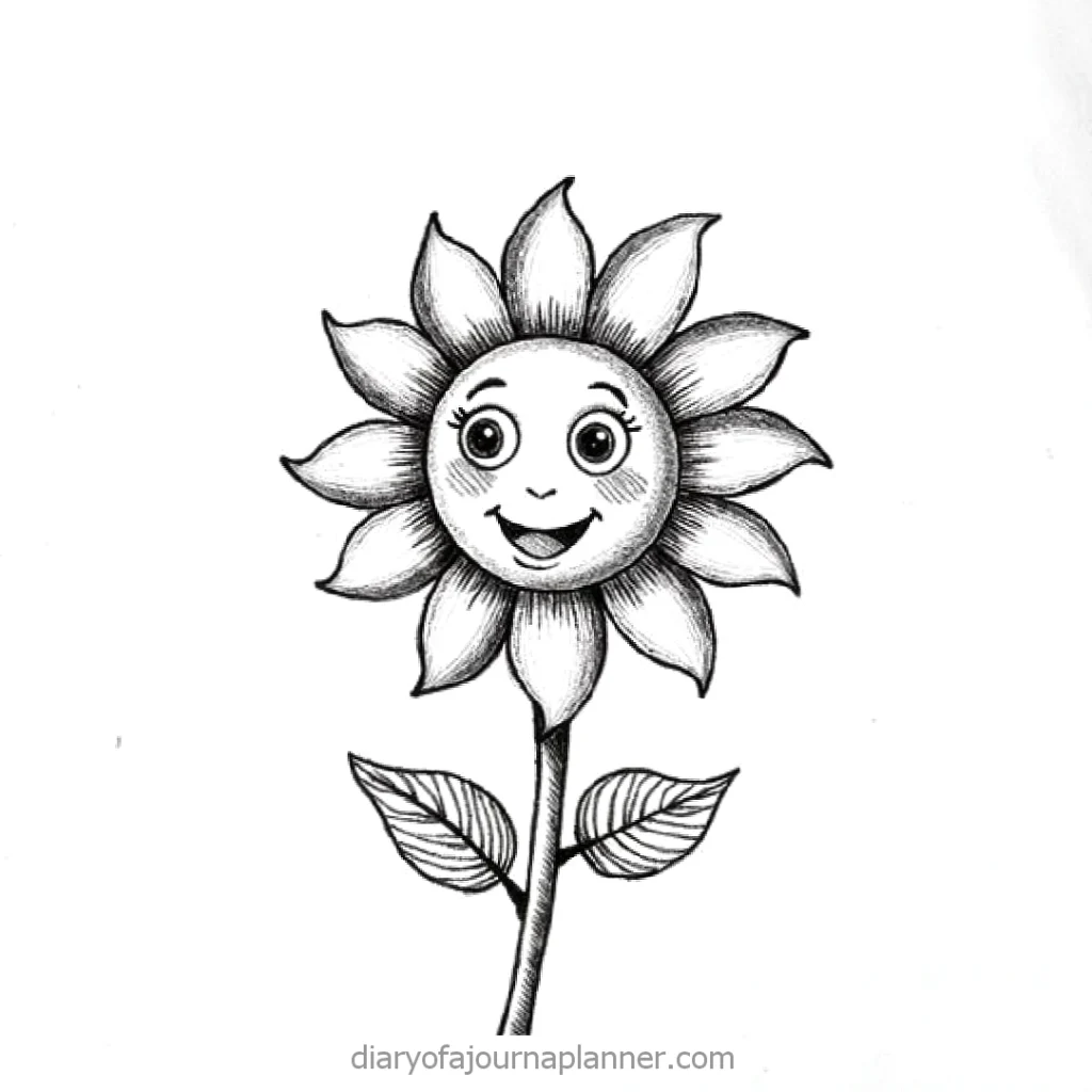Smiling sunflower illustration with a cheerful face, sketch style.