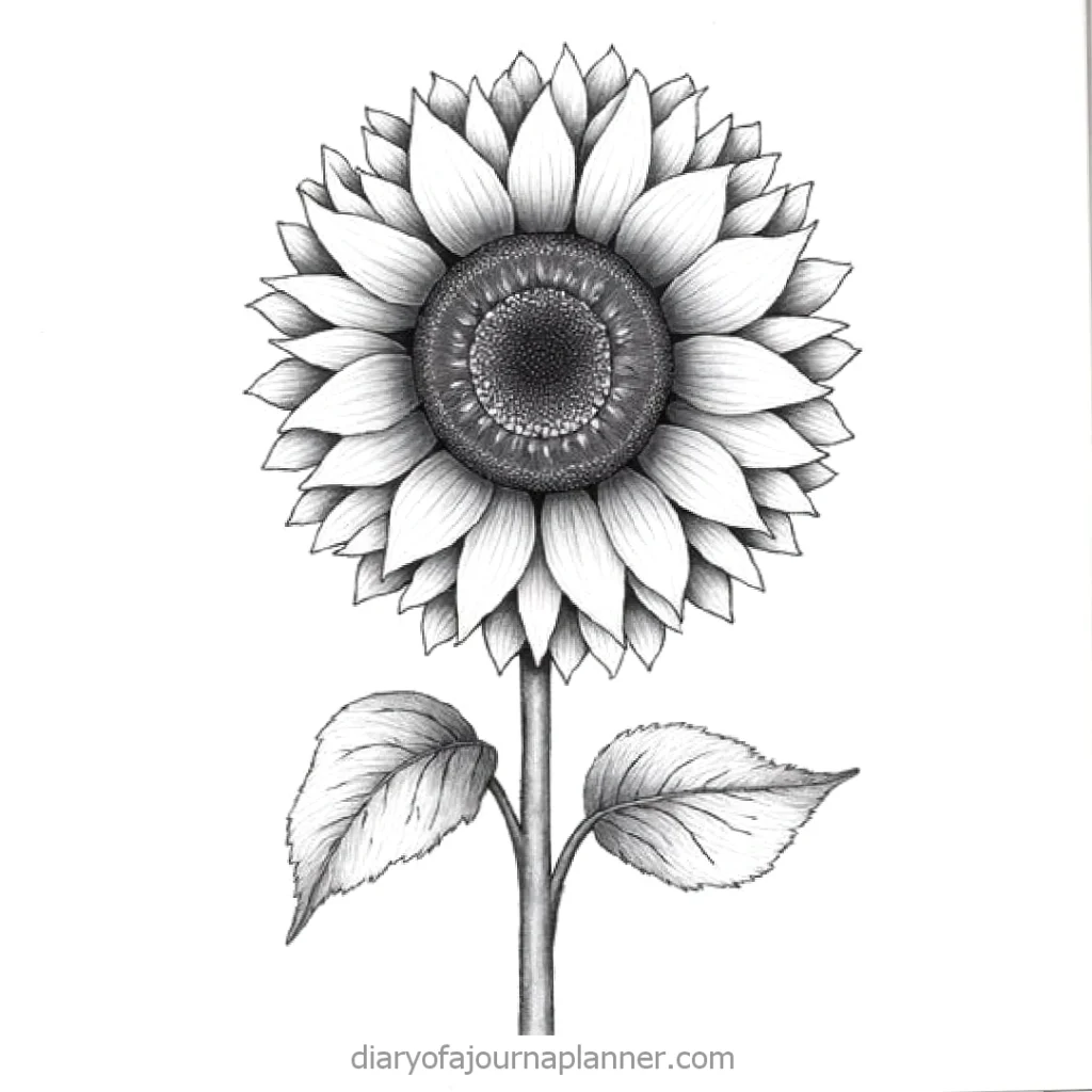 Black and white sunflower drawing with detailed petals and leaves.