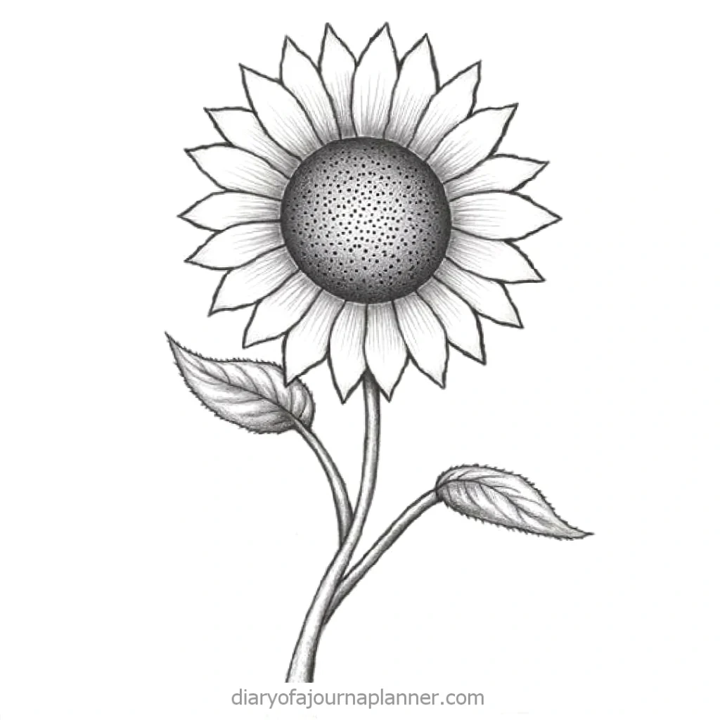 Black and white sunflower drawing with detailed petals and leaves, perfect for coloring or art inspiration.