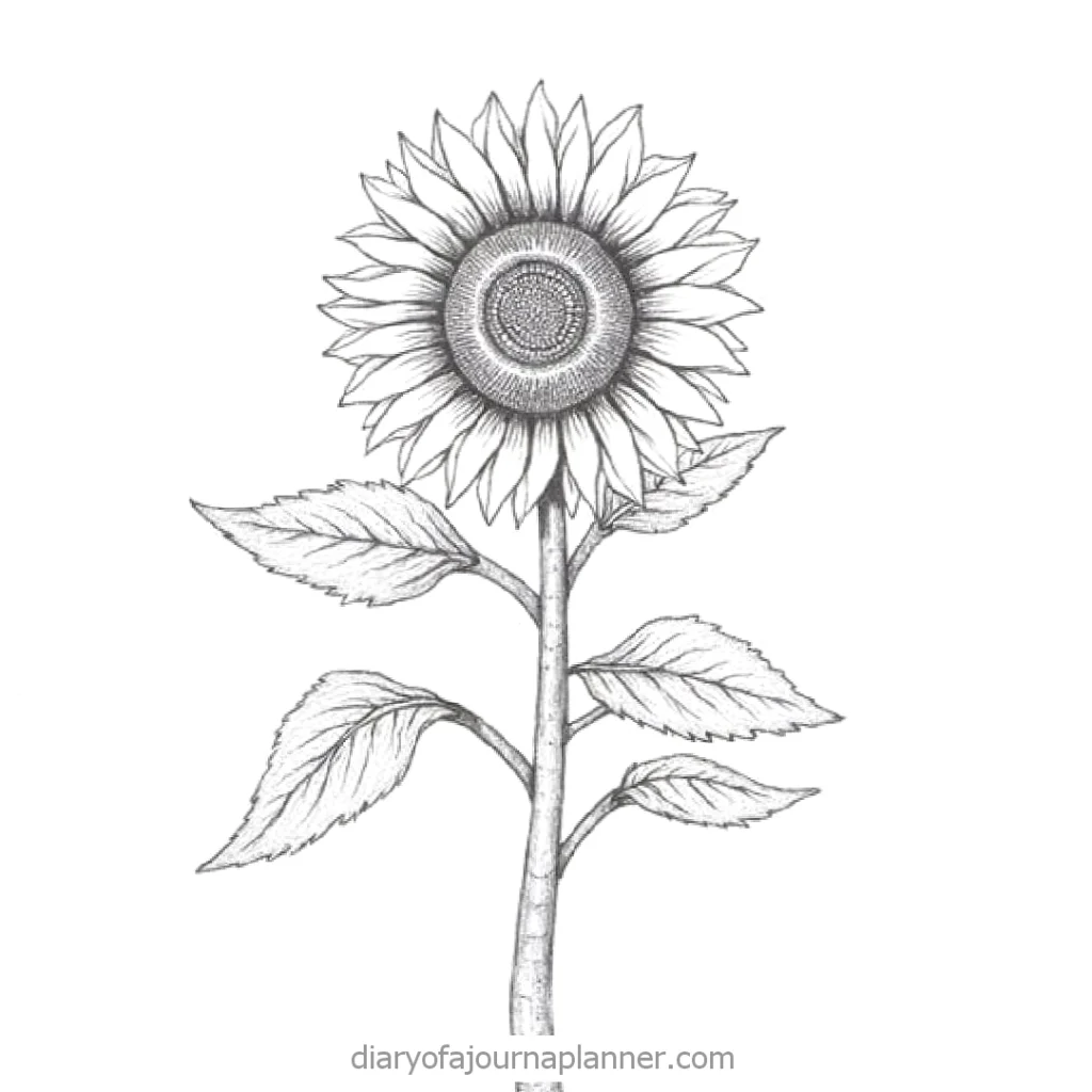 Detailed black and white sunflower illustration with visible petals and leaves.