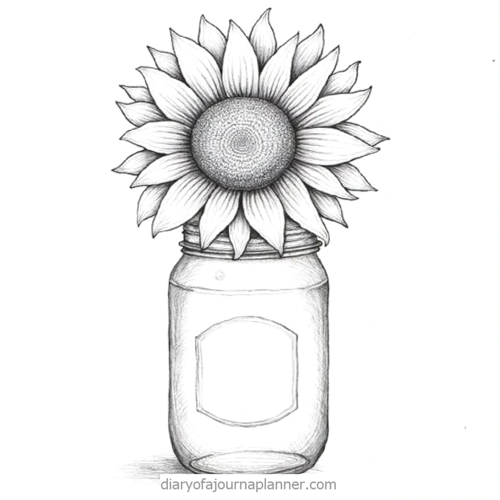 Black and white drawing of a sunflower in a mason jar, highlighting intricate details.