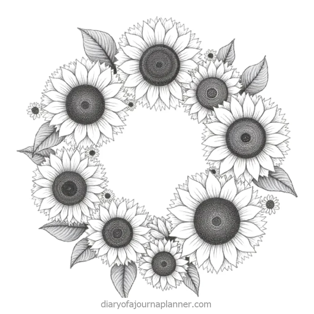 Black and white sunflower wreath illustration with detailed petals and leaves. Ideal for coloring and decorative use.