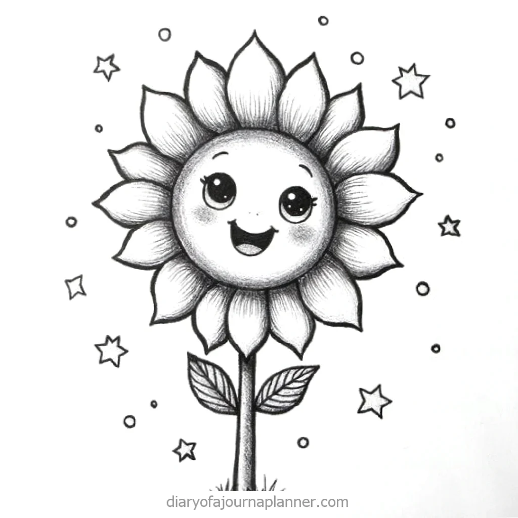Cute smiling sunflower drawing with starry background, perfect for coloring or cheerful art projects.