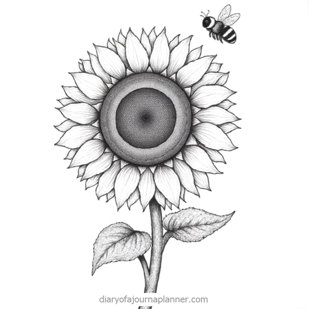 Detailed sunflower sketch with bee, showcasing intricate petals and stem on a plain background.